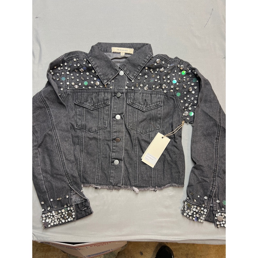 Bluevelvet Rhinestone Embellished Cropped Denim Jacket Black 60205JS NWT Medium